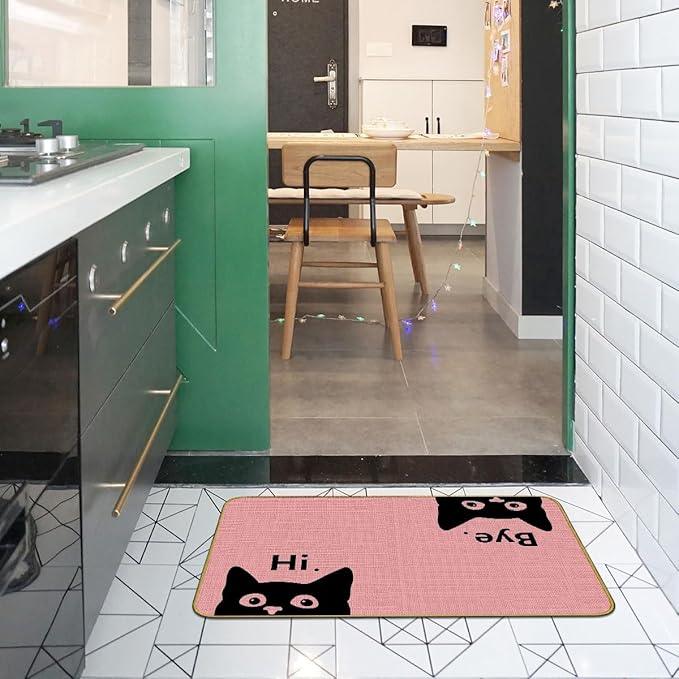 Mingnei Hi Bye Cat Welcome Doormat - Funny Black Cat Lover Floor Mat for Home Kitchen Entrance, 30x17 Pink