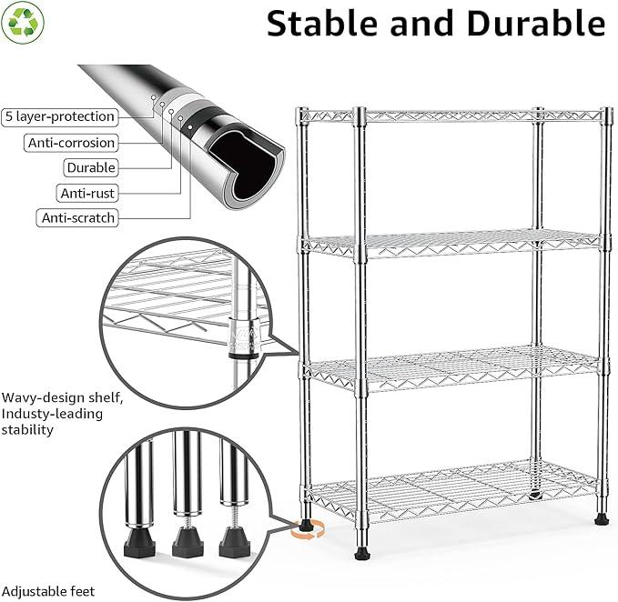 1000 lbs Storage Shelving Steel Heavy Duty 4-Tier Utility Shelving Unit Steel Organizer Wire Rack for Home,Kitchen,Office,Chrome (13.7