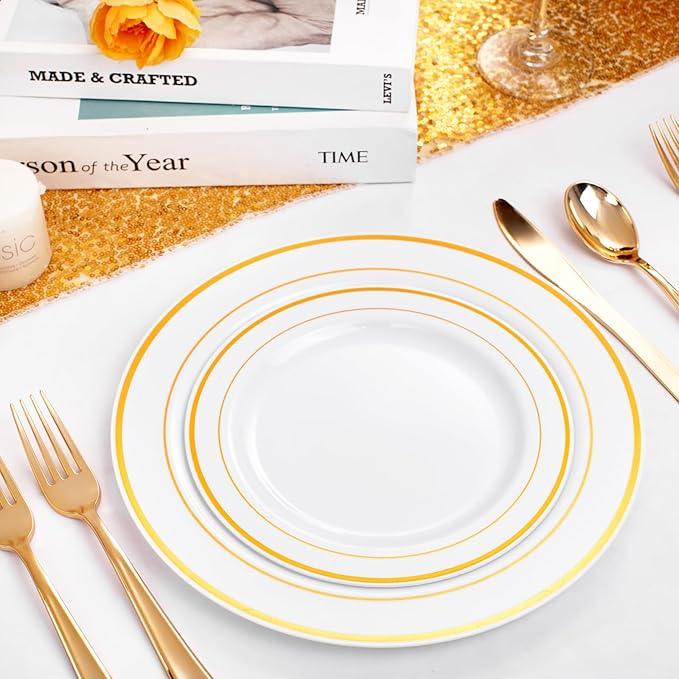 FLOWERCAT 60PCS Gold Plastic Plates - Heavy Duty White and Gold Plastic Plates Disposable for New Year/Thanksgiving Party/Wedding - Include 30PCS 10.25
