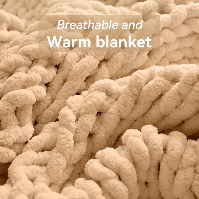 Chunky Knit Throw Blanket, 50''*60'' Knitted Throw Chenille Yarn for Bed Couch, Handmade Beige Crochet Big Thick Blanket, Machine Washable Cute Comfy Blanket for Home Decor