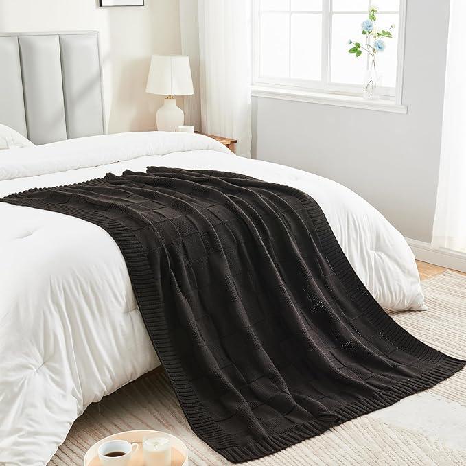 CozeCube Check Knit Throw Blanket, Jet Black Checkered Throw for Couch, Decorative Christmas Soft Cozy Warm Knitted Blanket for Bed Sofa Living Room, 60