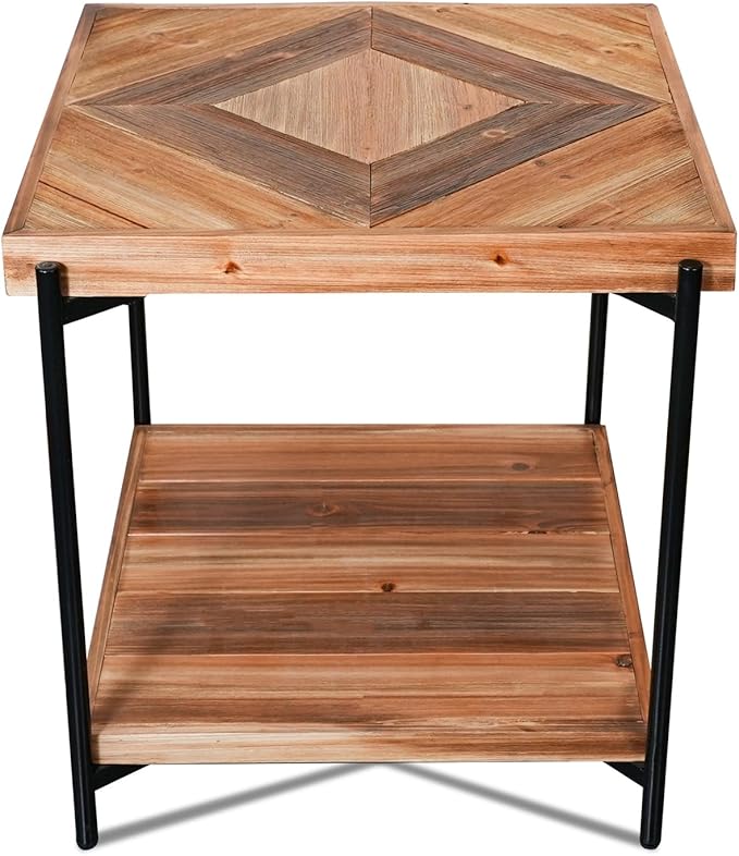 CONSDAN StoneCreek Solid Fir Wood Side Table - Metal Frame, 2-Tier End Table for Living Room/Bedroom/Office, 23