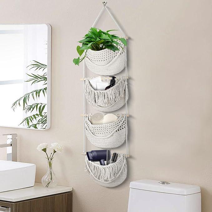4 Tier Hanging Fruit Basket for Kitchen, 4 Pack Detachable Cotton Crocheted Wall Hanging Baskets Shelf Over Door Organizer for Fruit Veggie Plant, Hanging Storage Basket for Bathroom Bedroom(Beige)
