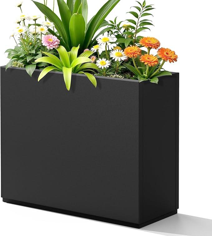FENCY Metal Planter Box, Large Rectangular Planters for Outdoor Plants, Outdoor Tall Planters with Drainage Holes, Black Metal Planters (30