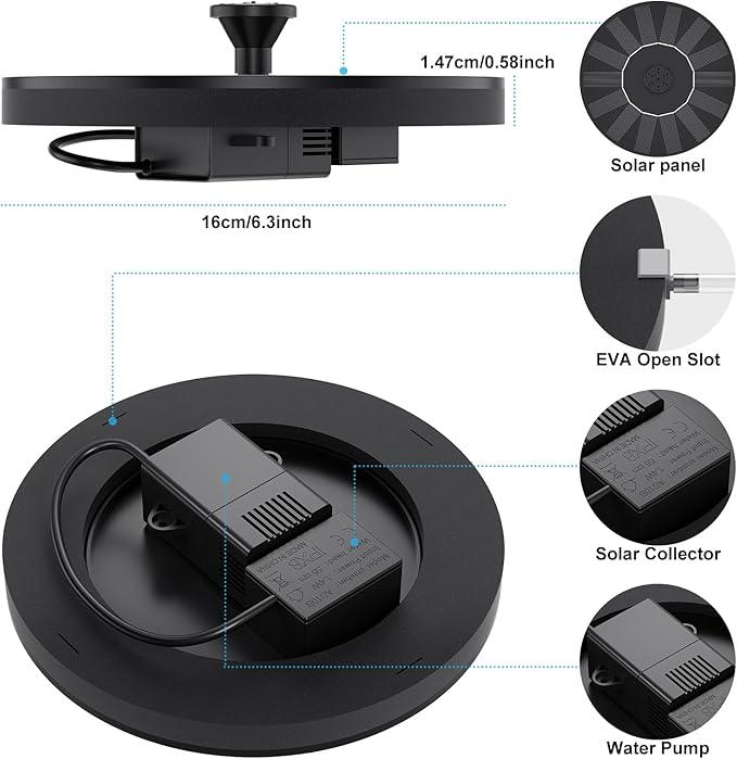 Solar Fountains,Solar Water Fountain,Solar Powered Bird Bath Fountain with 6 Nozzles - Free Standing Floating Solar Water Fountain for Bird Bath, Garden, Pond, Pool (Black-1.4W)
