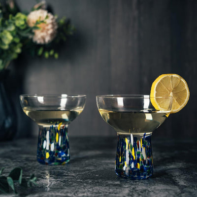 Stemless Margarita Glass – Set of 2-14OZ Luxury Hand Blown Confetti Margaritas, for Cocktails, Water, Wine, Dessert, Martini & Champagne Glasses Cinco de Mayo, Hand Blown Glass - Mexican Confetti