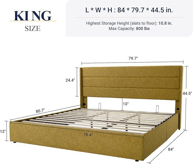 Allewie King Size Lift Up Storage Bed, Modern Wingback Headboard, Hydraulic Support, No Box Spring Needed, Olive Yellow