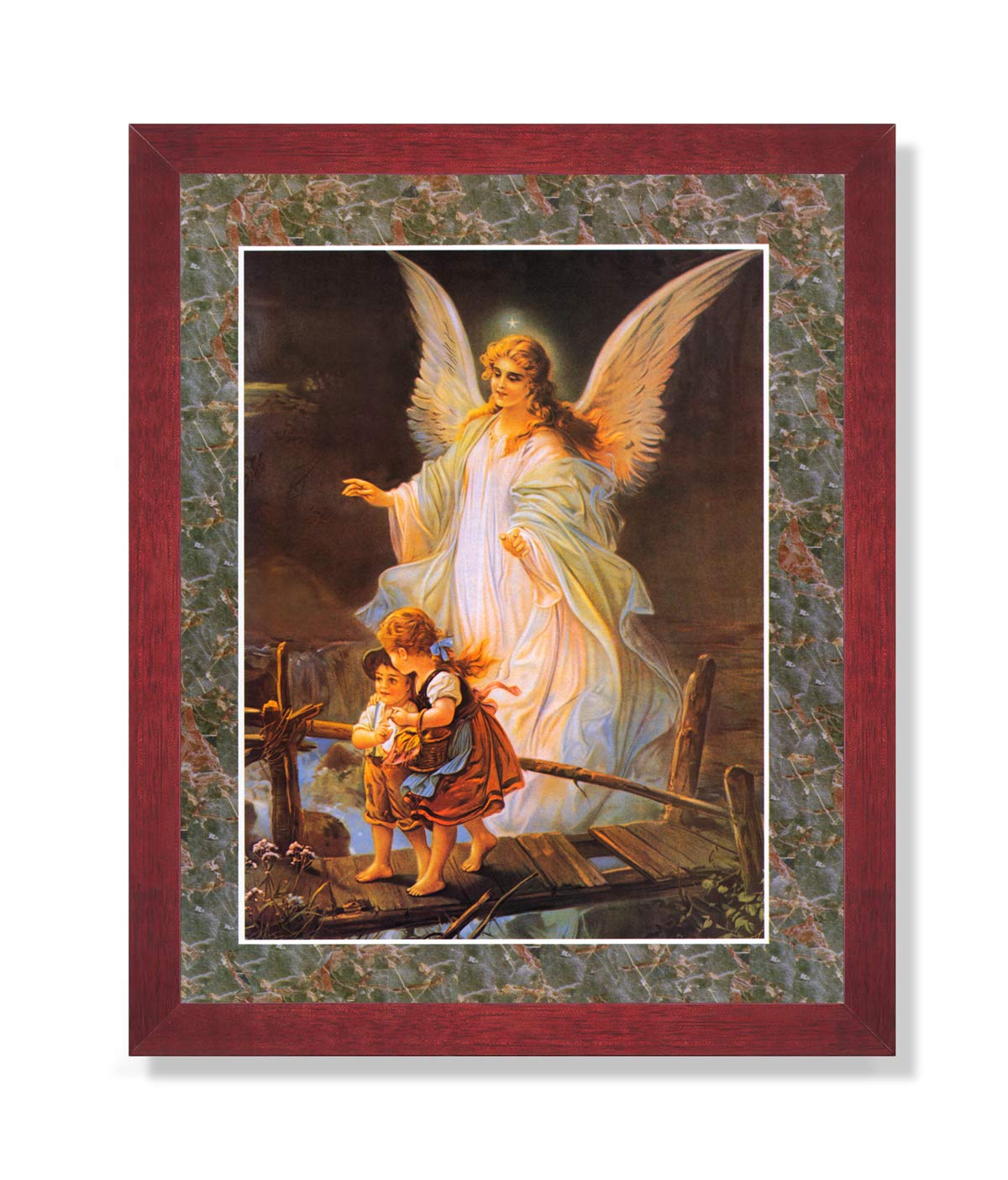 Religious Art Print – Guardian Angel Print 16x20 with Cherry Finish Frame & Decorative Border