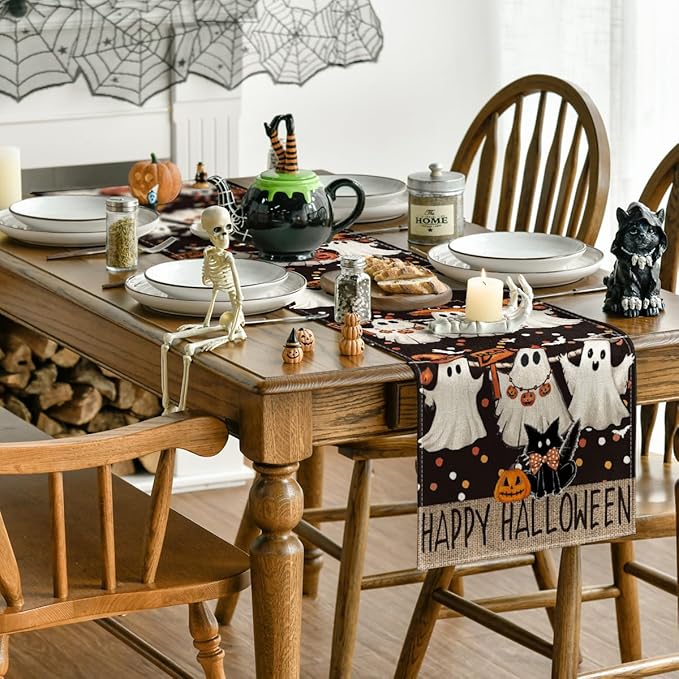 Artoid Mode Ghost Jack-O'-Lantern Black Cat Halloween Table Runner,Holiday Kitchen Dining Table Decoration for Home Party Decor 13 x 108 Inch
