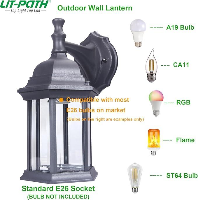 LIT-PaTH Outdoor Wall Lantern, Wall Sconce as Porch Lighting Fixture, E26 Medium Base Max 60W, Aluminum Housing Plus Glass, Matte Black Finish, 2-Pack