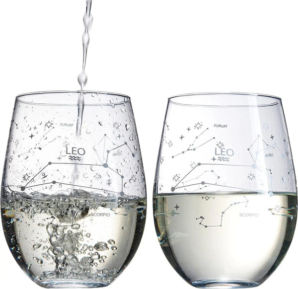 Set of 2 Zodiac Sign Wine Glasses with 2 Wooden Coasters by The Wine Savant - Astrology Drinking Glass Set with Etched Constellation Tumblers for Juice, Water Home Bar Horoscope Gifts 18oz (Leo)
