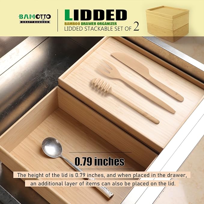 Stackable Bamboo Drawer Organizer Set – 2 Boxes with 1 Lid | Wood-Laminated Trays for Kitchen Utensils, Silverware & Flatware – Storage Fits Cabinets, Pantry, Bathroom & Office | 10.2