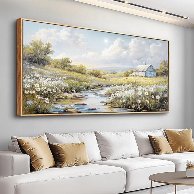 PHAOHUAXM Wood Framed Wall Art For Living Room Large Canvas Wall Decor For Bedroom Flower Watercolour Painting Office Decor Countryside Scenery Wall Picture Printing Artwork Home Decor 20x40 In