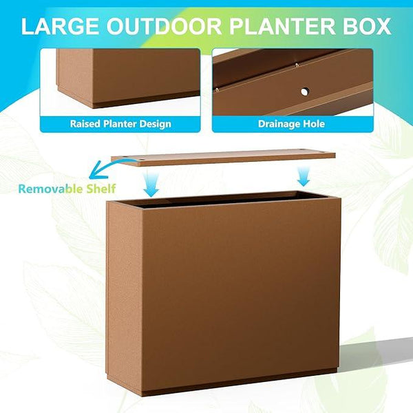 FENCY Metal Planter Box, Large Rectangular Planters for Outdoor Plants, Outdoor Tall Planters with Drainage Holes, Brown Metal Planters (30