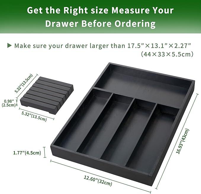VaeFae Bamboo Silverware Organizer, Utensil Holder for Drawer, Wooden Cutlery Tray with Divider for Kitchen Drawer, Utensil Organizer with Knife Block（Black）