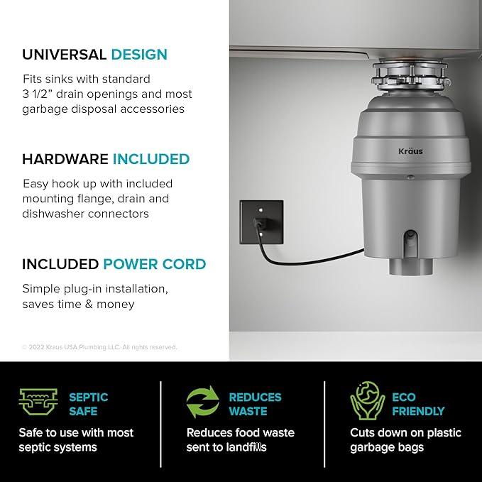 KRAUS WasteGuard High-Speed 1 HP Continuous Feed Ultra-Quiet Motor Garbage Disposal with Power Cord and Flange Included and Universal Mount, KWD200-100MGR