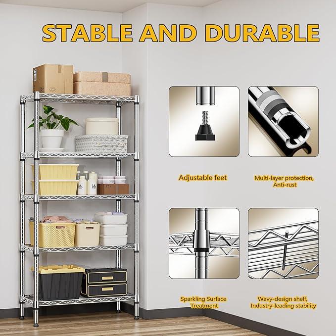 1250 lbs 5 Tier Shelf Metal Storage Shelves Shelving Wire Rack Heavy Duty Closet Organizers for Garage Kitchen Bathroom Laundry Chrome 13.8