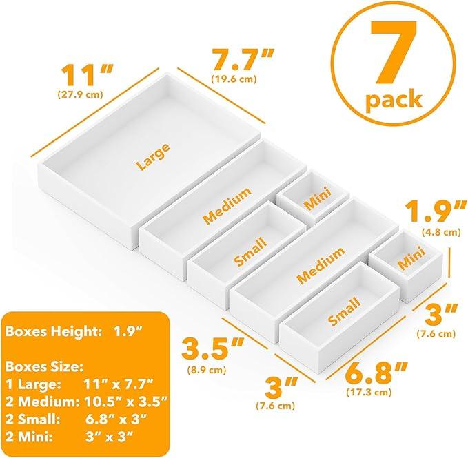 SpaceAid 7-Piece Bamboo Drawer Organizer Storage Boxes Set, Wood Tray Junk Drawer Organizers Multi-Use Divider Bins for Kitchen, Bathroom, Office Desk and Makeup Organization (7 Pack, White)