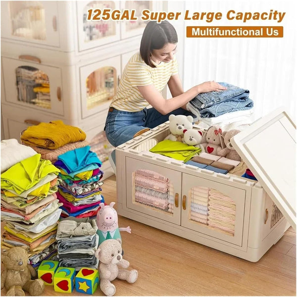 125GAL Storage Bins with Lids, Large Stackable Bins with Wheels and Doors, Storage Containers Box Closet Organizers(25Gal 5 tier)