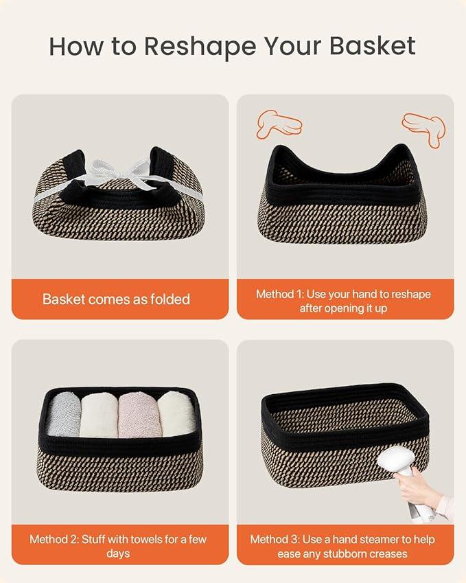 KALLAX Small Woven Basket, 12 x 8 x 4.5 Inches, Storage Basket for Organizing, Cute Small Rope Shelf Closet Cube Storage Bins Baskets for Shelves, Dog Toy Gift Baskets Empty, 3 Pack Black & Brown