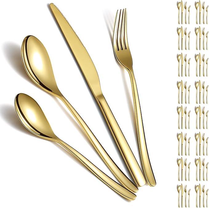 Berglander Gold Silverware Set 48pcs Service for 12, Golden Titanium Plating Stainless Steel Flatware Set, Gold Spoons Forks Knives Set for Home, Wedding, Restaurant, Hotel, Dishwasher Safe