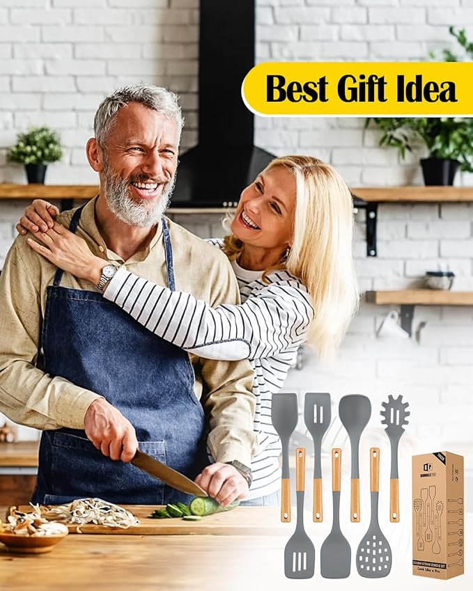 Silicone Kitchen Utensil Set for Non Stick Cookware, 7 Pcs Heat Resistant Cooking Utensils with Wooden Handle, BPA Free Kitchen Tools with Spatulas, Spoons, Skimmer and Pasta Fork (GRAY)