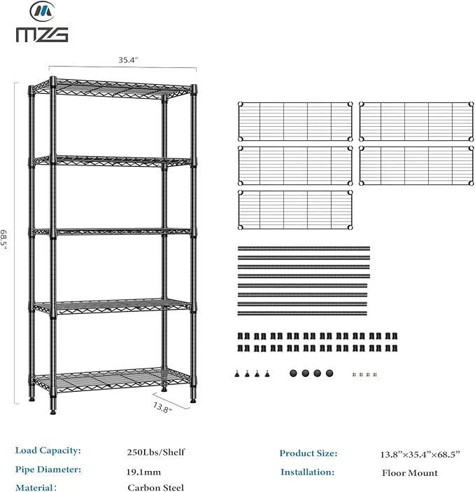 1250 lbs 5 Tier Shelf Metal Storage Shelves Shelving Wire Rack Heavy Duty Closet Organizers for Garage Kitchen Bathroom Laundry Black 13.8