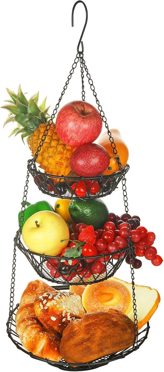 3 Tier Hanging Basket with Sturdy Metal Chain Hanging Hooks Fruit and Vegetable Basket Heavy Duty Wire Organizer Space Saving Rustic Country Style Kitchen Storage