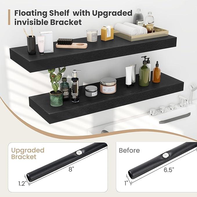 Heimlove 12 Inch Deep Floating Shelves, 12 x 12 inches Long Wall Shelf, Large Extra Display Shelf & Storage Shelf, Rustic Wood Wall Shelves for Fireplace Mantel, Black - 2Pack
