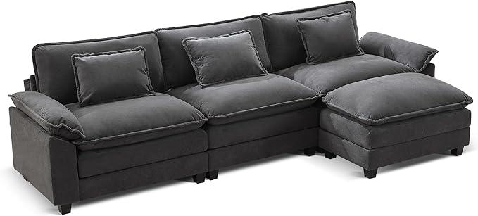 URRED Modular Sectional Sofa Comfy Cloud Couch, Modern Velvet Sofa Sleeper Deep Seat Couches with Ottoman/Pillows for Living Room (Dark Gray, 117''- L Shape)