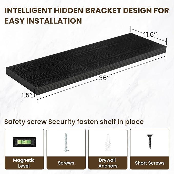 36 Inch Floating Shelves, 12 Inch Deep Floating Shelves for Wall, Floating Shelf with Invisible Brackets, Deep Shelves for Bathroom, Bedroom, Living Room, 2 Pack, Black