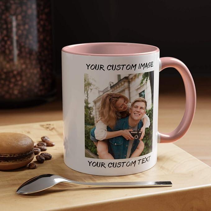 Personalized Coffee Cup with Photo, Logo or Text - Custom Both Sides Printed Mug for Him & Her - Unique Customized Gifts with Names - White/Blue