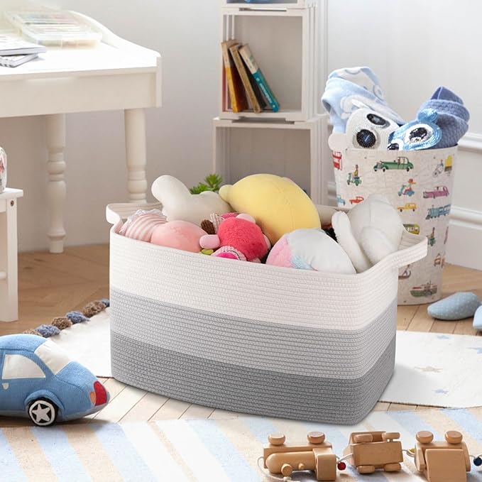 OIAHOMY Rectangle Woven Storage Basket - Nursery Cotton Rope Baskets for Storage, Toy Basket Organizing for Living Room, 17.7