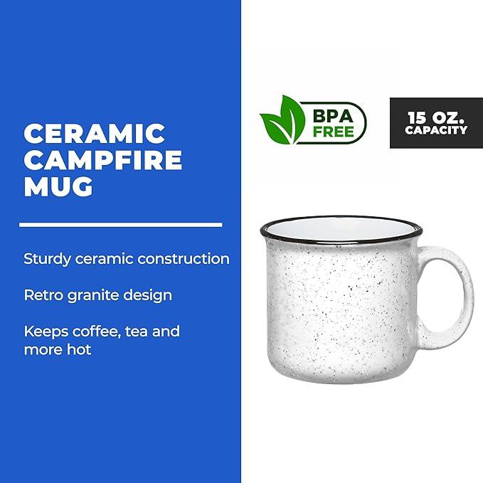 Set of 8 Ceramic Campfire Mugs – 15 Oz, White – Coffee & Tea Cups for Home, Work, Travel, Camping – Customizable, Great for DIY, Events, Companies