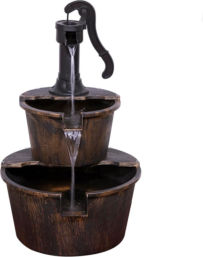 Alpine Corporation 2-Tiered Barrel and Pump Water Fountain – Bronze Finish, Relaxing Water Flow, Ideal for Garden, Patio, & Yard Décor, 27