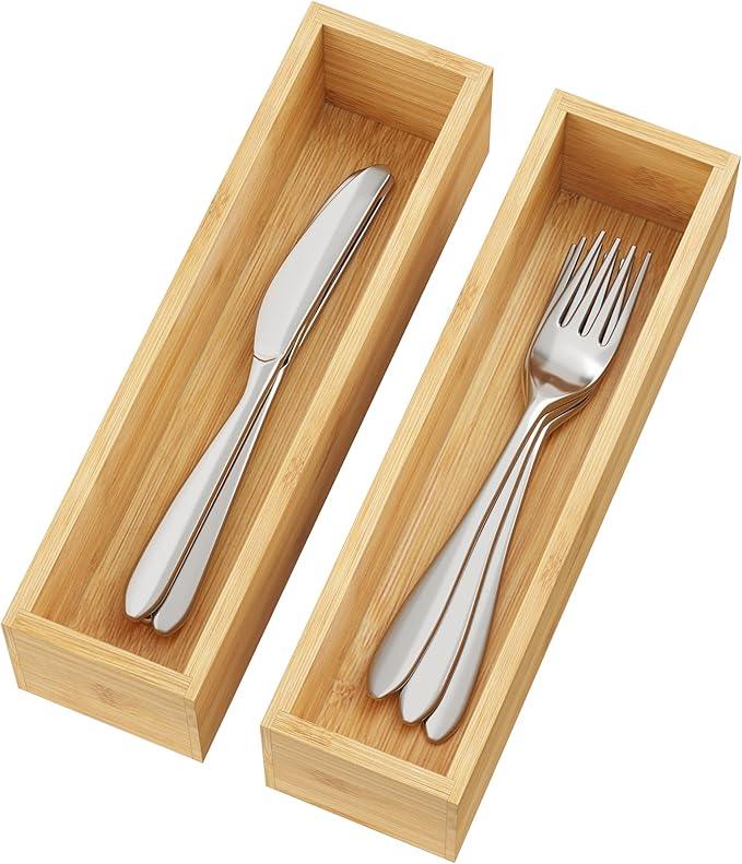 BAMEOS Kitchen Drawer Organizer,Small Silverware Drawer Organizer,Bamboo Utensil Organizer for Bathroom, Dressing Room, Office, Pantry (Natural, 11