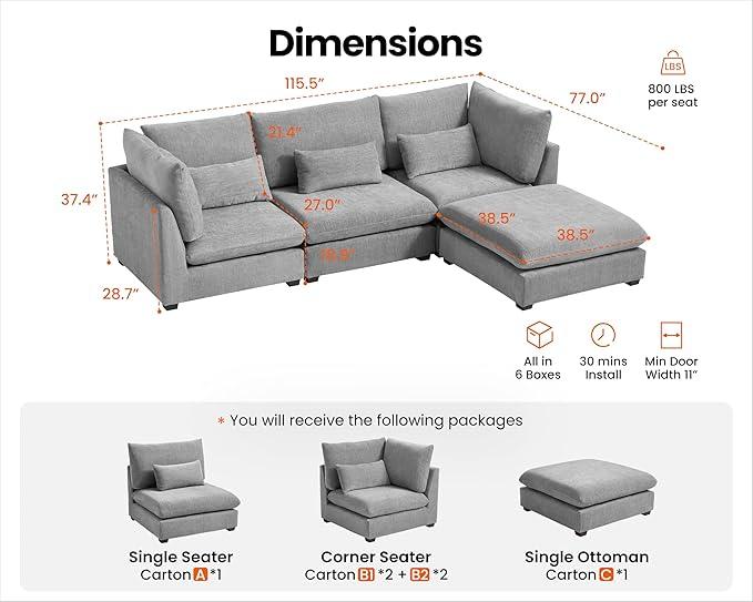 Oversized Modular Sofa, Extra Deep Cloud Chenille Sectional Couch with Ottoman Chaise, Fluffy Chenille 4 Seat L-Shaped Sofa for Living Room, Villa (L Shape 4 Seater, Chenille Grey)