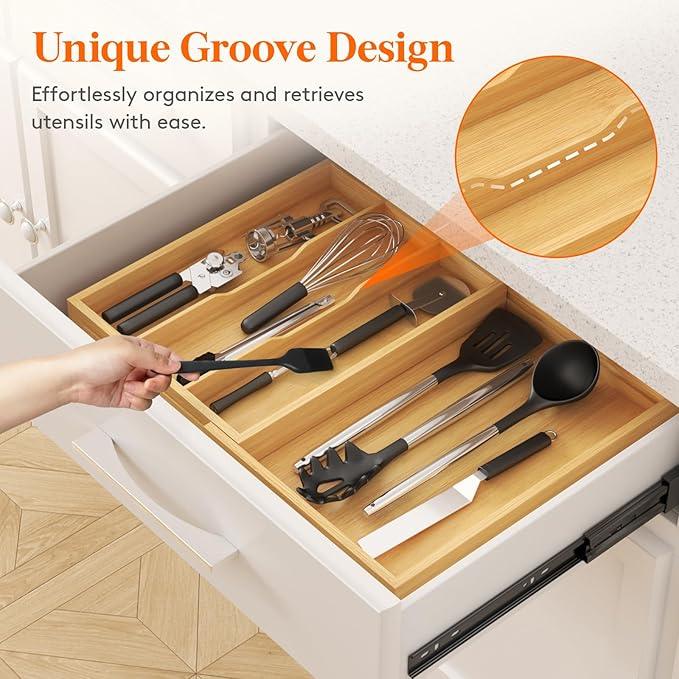 Lifewit Utensil Drawer Organizer, Expendable Cooking Silverware Tray for Kitchen Drawer, Bamboo Adjustable Cutlery Flatware Holder, Spatula Tools and Gadgets Storage Divider, 4 Compartments, Natural