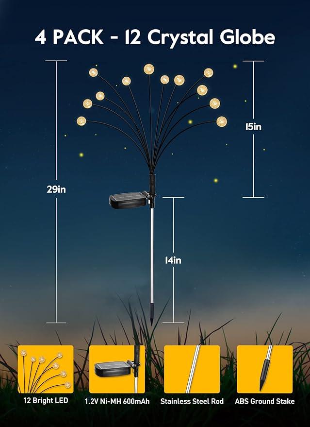 Solar Garden Lights - 4 Pack 12 LED Crystal Solar Firefly Lights with 2 Lighting Mode, Sway by Wind, Waterproof Solar Decorative Lights, Solar Outdoor Lights for Yard Walkway Decoration, Warm White