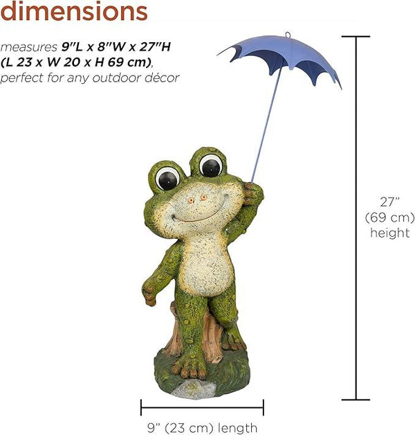 Alpine Corporation QWR1002 Indoor/Outdoor Smiling Frog with Purple Umbrella Garden Statue, Playful Frog Statue, 27