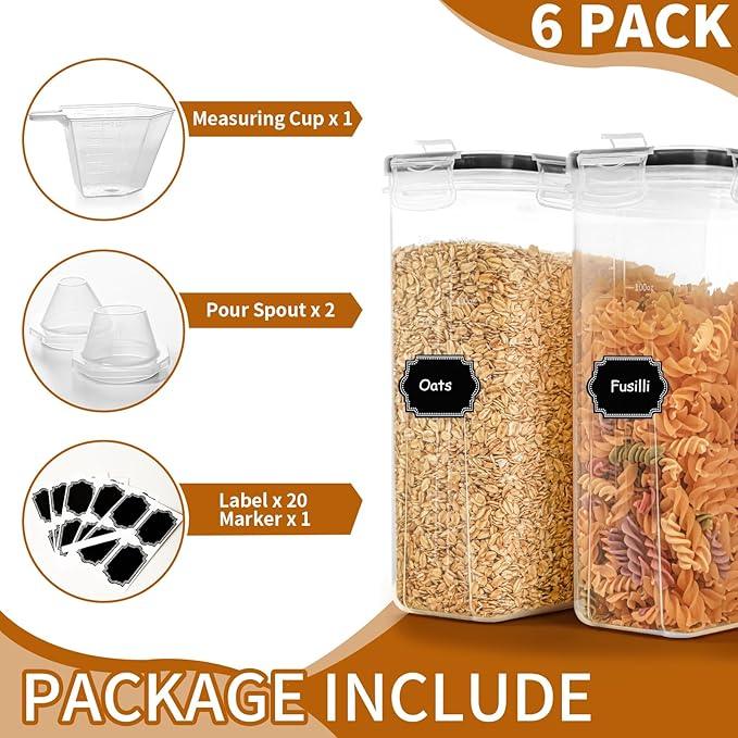 Cereal Containers Storage Set (4L / 135.2oz), 6PCS Airtight Food Storage Containers with Lids, Cereal Dispensers for kitchen Pantry Organizers and Storage with Pour Spout, 20 Labels, Marker