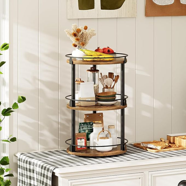 3-Tier Lazy Susan Organizer, Rotating Spice Rack, Spinning Organizer, Industrial Turntable Spice Rack Organizer for Cabinet, Kitchen Countertop, Pantry, Rustic Brown and Black SR23BR