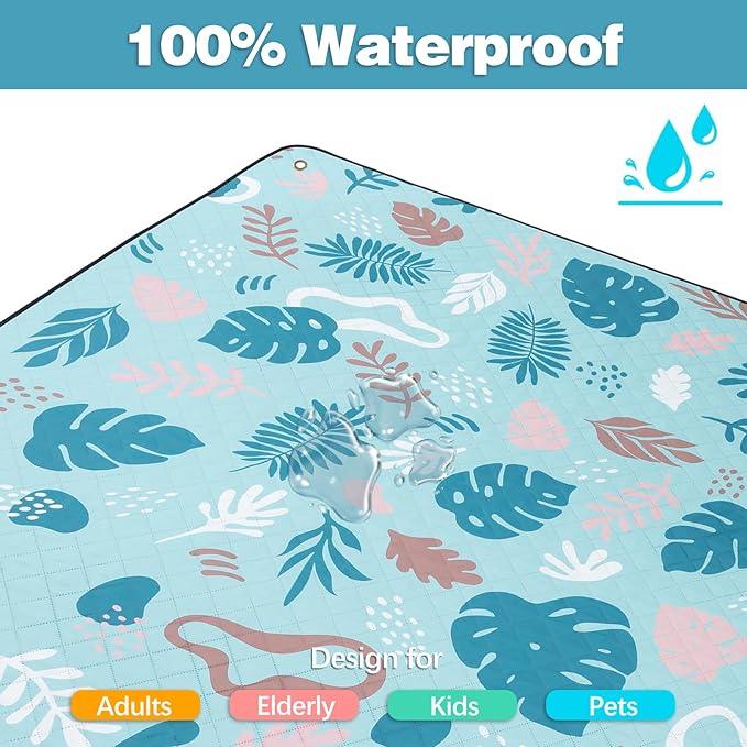 PY SUPER MODE Extra Large Waterproof Picnic Blankets 83x79 Inches - 5 Layer Outdoor Picnic Mat for Beach Camping Park Lawn, Windproof Anchor System with Stakes, Foldable Blue&Green