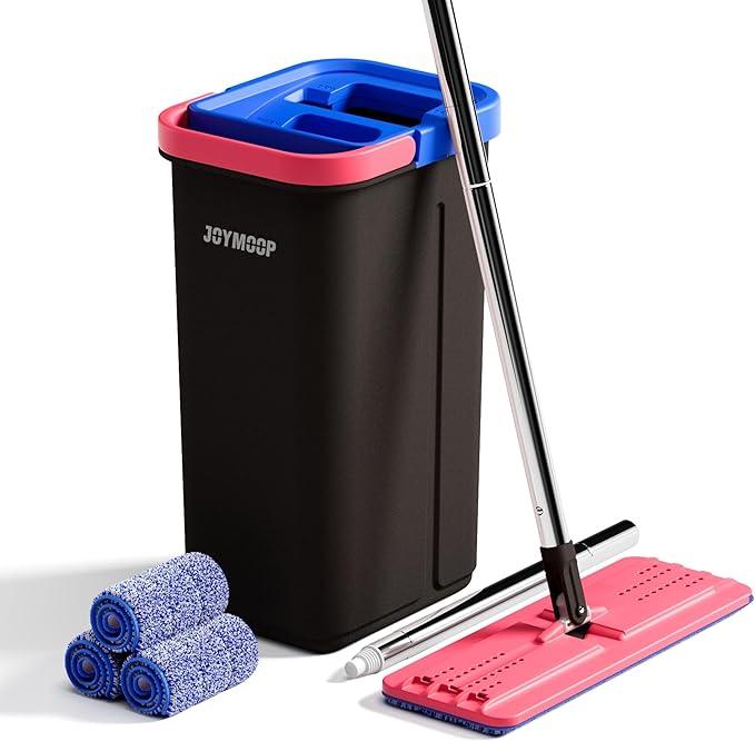 JOYMOOP Mop and Bucket Set for Home, Hands-Free Self-Cleaning System, with 3 Reusable Microfiber Mop Pads, Suitable for Floor Cleaning and Wall Cleaner - Black+Red+Slate Blue