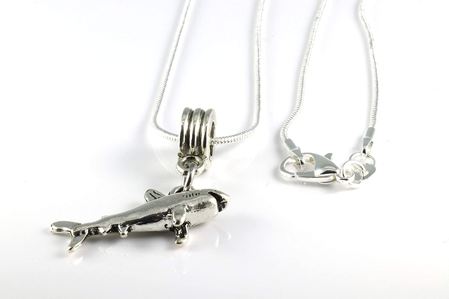 Shark Necklace | Great Shark Gifts for Shark Lovers on a Silver Plated Snake Chain Necklace with a nice Shark Charm of a Great White Shark this is Cool Shark Stuff and awesome Shark Necklaces