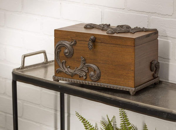 Birch Wood Hinged-Lid Box with Metal Acanthus Leaf-Accent and Base