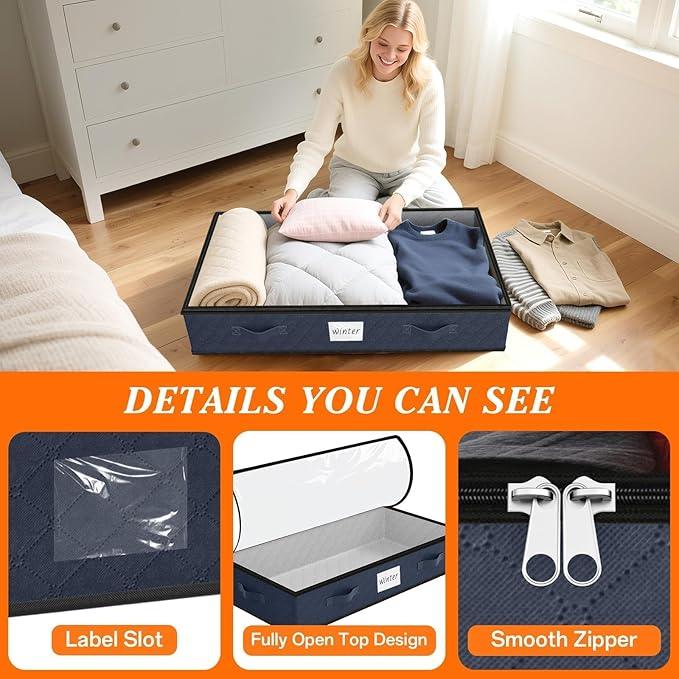 SpaceWhisper 90L Under Bed Storage Containers, 6-Pack Storage Bins with Clear Top, Foldable Closet Organizers and Storage with Label Holder for Clothing, Blankets, Comforter & Pillows(Blue)