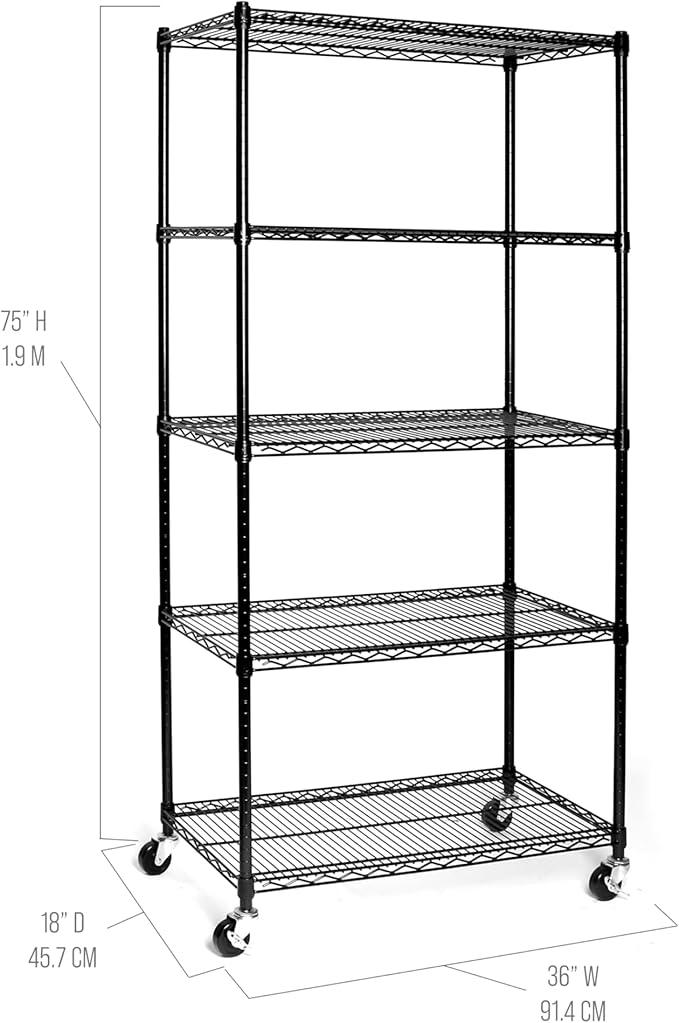Seville Classics UltraDurable Heavy Duty NSF Solid Steel Wire Rack Storage Unit, Organizer for Garage, Warehouse, Office, Restaurant, Classroom, Kitchen, Black, 5-Tier Shelving, 36
