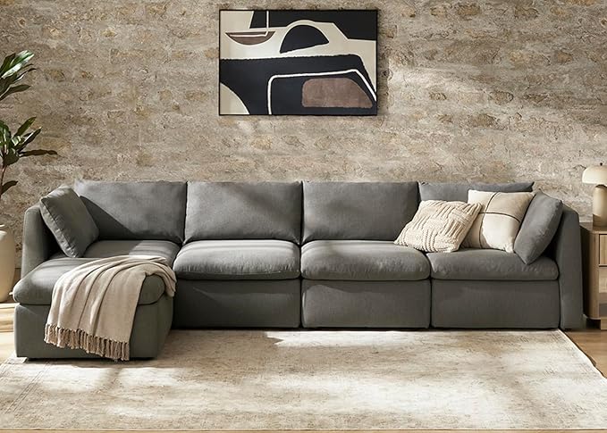 mopio Oversized Modular Sectional Sofa with Fully Removable Covers and Storage, Convertible U, L-Shaped and Sleeper Sectional, Modern Couches with Ottoman Chaise (Stone Gray Fabric, 5 Seats, L)