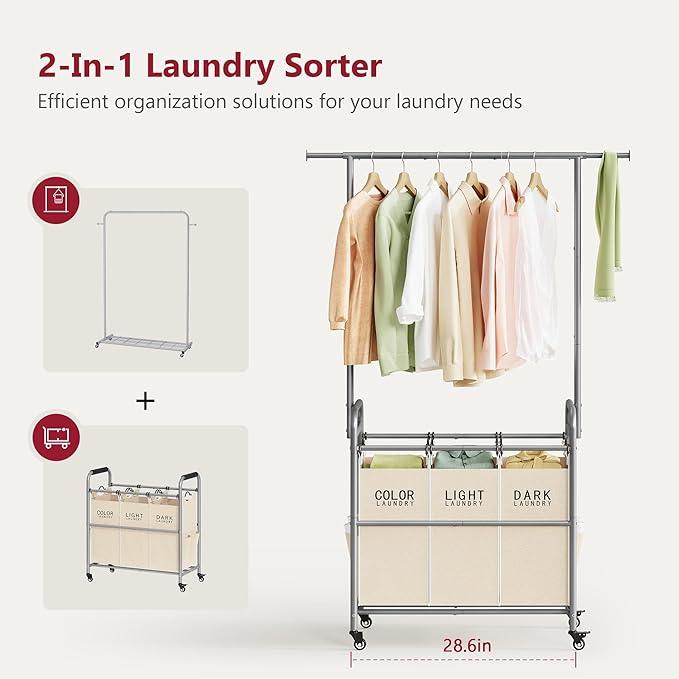 Tajsoon Laundry Hamper with Hanging Rack, 3 Section Laundry Sorter with Heavy Duty Lockable Wheels, Laundry Basket Organizer for Dirty Clothes Storage, 3 Beige